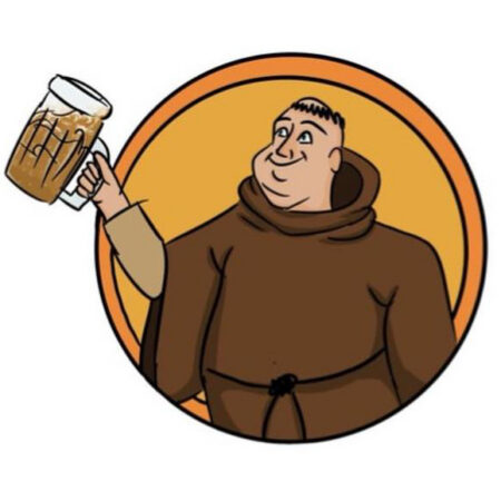 Circle icon including monk holding a tankard of beer