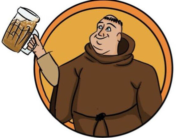 Circle icon including monk holding a tankard of beer